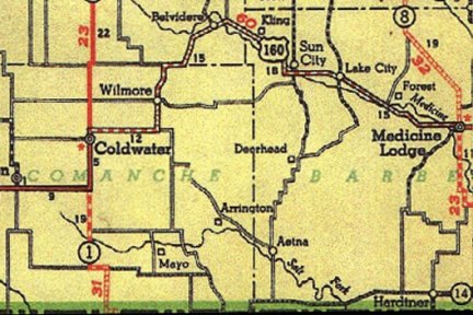 1936 Phillips Petroleum Map showing Sun City, Kansas, on the old route of Highway 160.