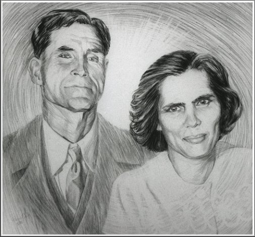 Robert Emmett Norton and Gladys Leota (Grauberger) Norton, a sketch (from a photograph) by Rebecca Ann Olson, December 1988.