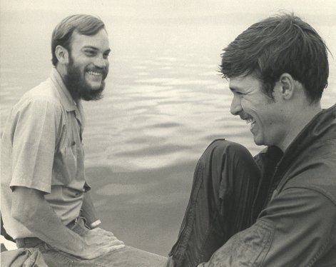 PHAN Jerry Ferrin, at left, and PH3 Dick Mckie on a boat in the Salton Sea immediately after Dick's first parachute jump to qualify as an Air Crew member.  Photo by PH2 Frank DeVance.