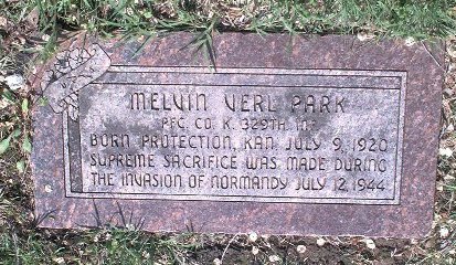 The gravestone of Pfc. Melvin V. Park, Memorial Park Cemetery, Hutchinson, Reno County, Kansas. Photo courtesy of Kathleen Dankanyin of Random Acts of Genealogical Kindness.