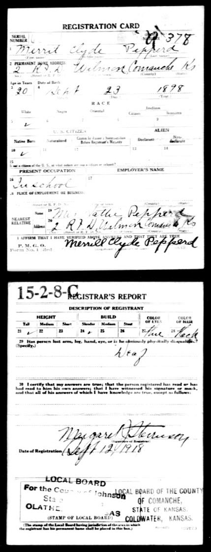 WWI Draft Registration card for Merrill Clyde Pepperd of Wilmore, Comanche County, Kansas.