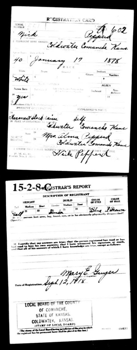 WWI Draft Registration card for Merrill Clyde Pepperd of Wilmore, Comanche County, Kansas.