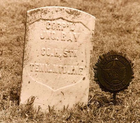 Gravestone of J.D. Ray, Civil War veteran, Crown Hill Cemetery near Coldwater, Comanche County, Kansas.  Photograph by Bobbi (Hackney) Huck.