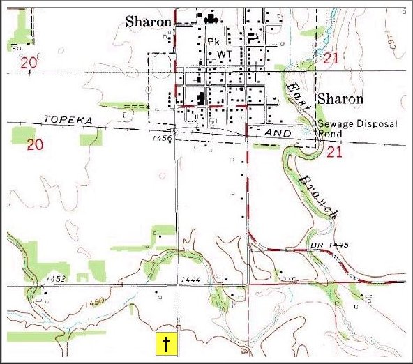 Detail of a USGS topographical map showing the Sharon Cemetery just south of Sharon, Barber County, Kansas.