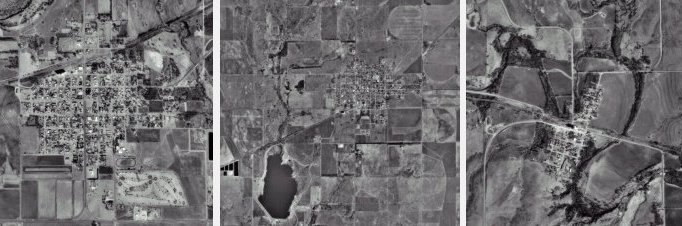 From left: USGS aerial photographs of Protection, Coldwater and Wilmore, Comanche County, Kansas.