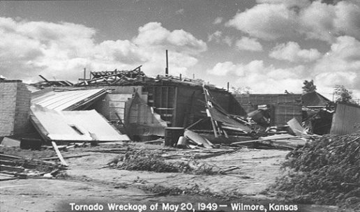 Wreckage of the May 20, 1949 tornado, view of the downtown area of Wilmore, Comanche County, Kansas. Photo by John Edward (Ed) Schrock, used with permission of Janet Schrock Hubbard.