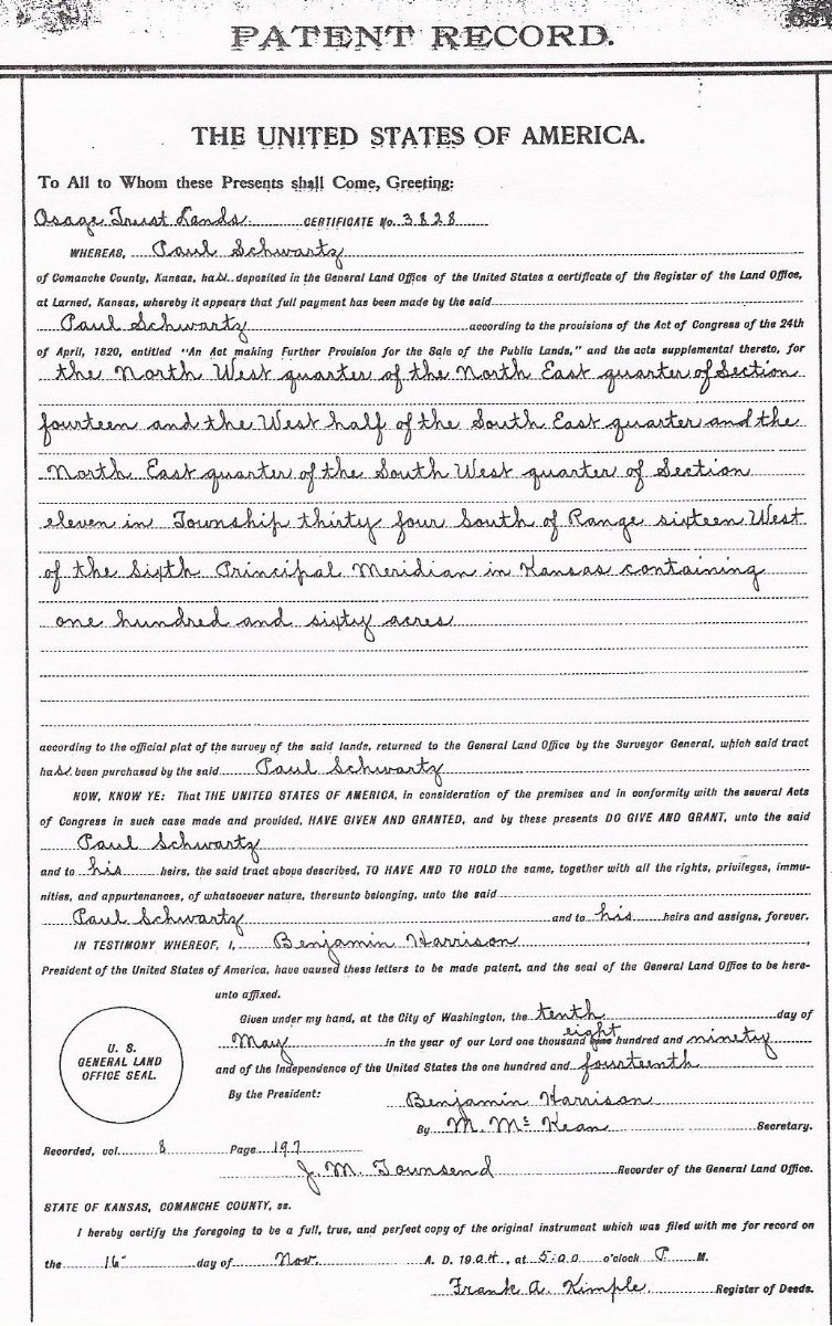 Patent Record, Comanche County, Kansas.

Courtesy of Phyllis Scherich.