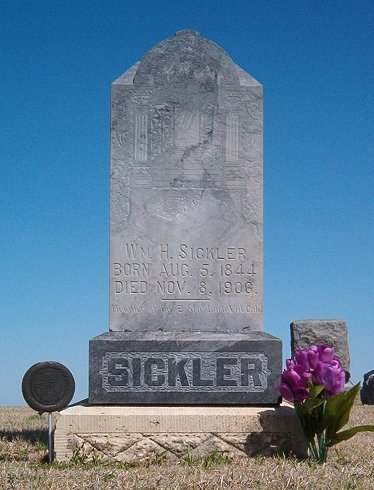 Gravestone for William H. Sickler,

Crown Hill Cemetery, Comanche County, Kansas.

Wm H. Sickler Born Aug 5, 1844.
Died Nov 8, 1906.
Member of Co. E 8th Iowa Vol Calv.

Photo by Bobbi (Hackney) Huck.