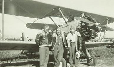 In this photo, taken during pilot training, First Lieutenant Ralph Joseph Sooter is at left. The two men to his left are unidentified. Photo courtesy of his niece Loretta (Sooter) Brooks.