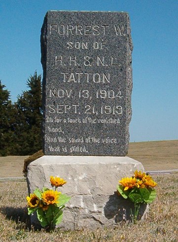 Gravestone for Forrest W. Tatton,

Crown Hill Cemetery, Comanche County, Kansas.

Photo by Bobbi (Hackney) Huck.