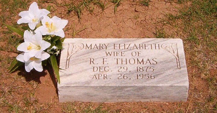 Gravestone for Mary Elizabeth (Root) Thomas,

Protection Cemetery, Comanche County, Kansas.

Photo by Bobbi (Hackney) Huck.