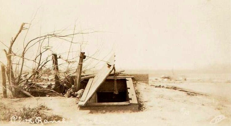 Platt Ranch Cyclone Storm Cellar, Aftermath of a tornado at the Platt Ranch, 07 May 1927, Comanche County, Kansas. 

Photo Courtesy of Teresa Chapman.