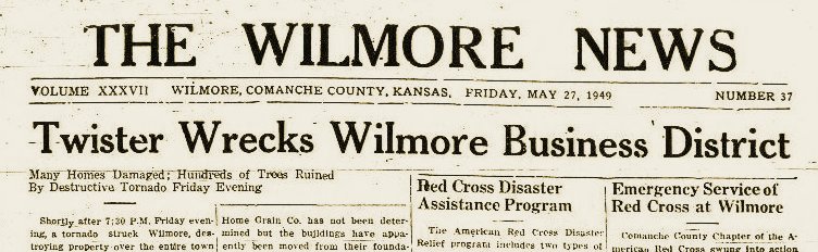 The Wilmore News, May 27, 1949, page 1.:
'Twister Wrecks Wilmore Business District:
Many Homes Damaged;   Hundreds of Trees Ruined by Destructive Tornado Friday Evening.' 

CLICK ON PHOTO to read the article.