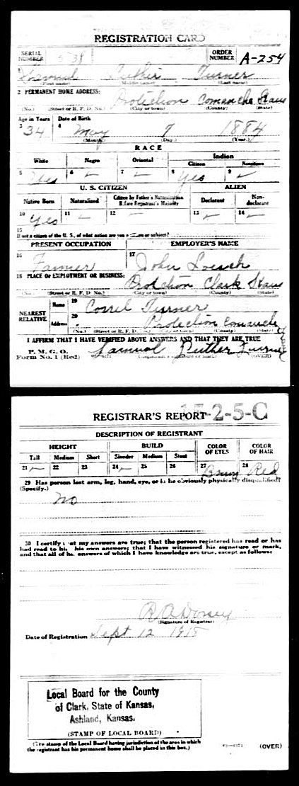 WWI Draft Registration card for Samuel Luther Turner of Protection, Comanche County, Kansas.