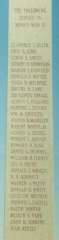 View of the men listed who gave their lives in WW2 military service from Comanche County, Kansas, Memorial Shaft in the Crown Hill Cemetery near Coldwater, Kansas.