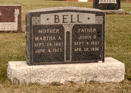 Gravestone of John D. & Martha A. Bell, Wilmore Cemetery, Wilmore, Comanche County, Kansas. Photo by John Edward (Ed) Schrock, used with permission of Janet Schrock Hubbard.