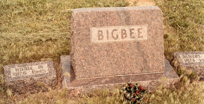 Gravestone of Annie M. & Albert V. Bigbee,

Wilmore Cemetery, Wilmore, Comanche County, Kansas. 

Photo by John Edward (Ed) Schrock, 
used with permission of Janet Schrock Hubbard.