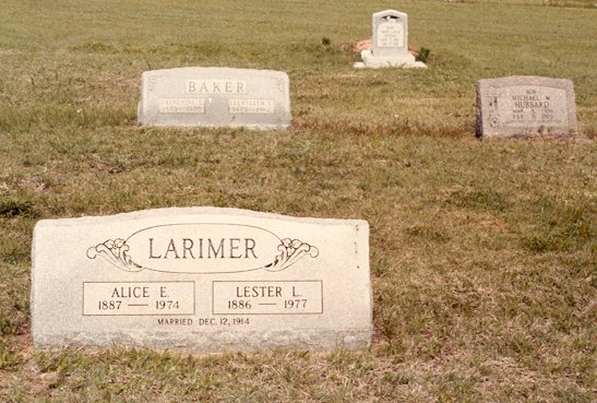 Gravestone of Alice E. & Lester L. Larimer, married Dec. 12th, 1914,,

Wilmore Cemetery, Wilmore, Comanche County, Kansas. 

Photo by John Edward (Ed) Schrock, 
used with permission of Janet Schrock Hubbard.