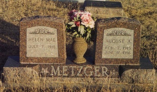 Grave marker for August & Helen (Booth) Metzger, Lot 205,  Wilmore Cemetery, Wilmore, Comanche County, Kansas. Photo by Bobbi (Hackney) Huck.