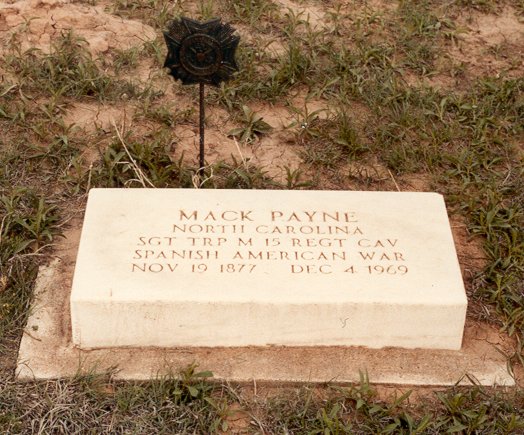 Gravestone of Mack Payne, Veteran of the Spanish-American War, Wilmore/Powell Township Cemetery, Wilmore, Comanche County, Kansas. 
Photo by John Edward (Ed) Schrock, used with permission of Janet Schrock Hubbard.