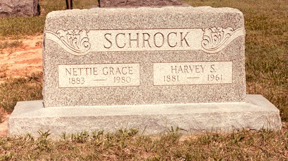 Gravestone of Nettie Grace and Harvey S. Schrock,

Wilmore Cemetery, Wilmore, Comanche County, Kansas. 

Photo by John Edward (Ed) Schrock of his parent's graves, 
used with permission of his daughter, Janet Schrock Hubbard.