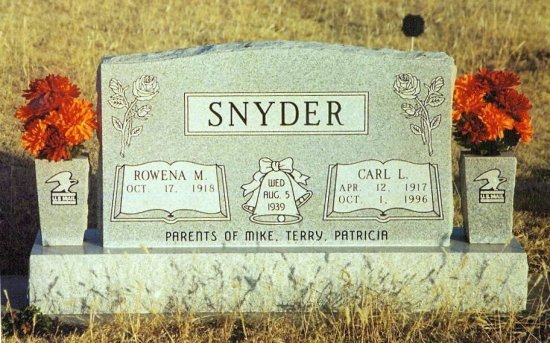 Grave marker for Carl L. and Rowena M. Snyder, 

Lot 49,  Wilmore Cemetery, Wilmore, Comanche County, Kansas. 

Photo by Bobbi (Hackney) Huck.