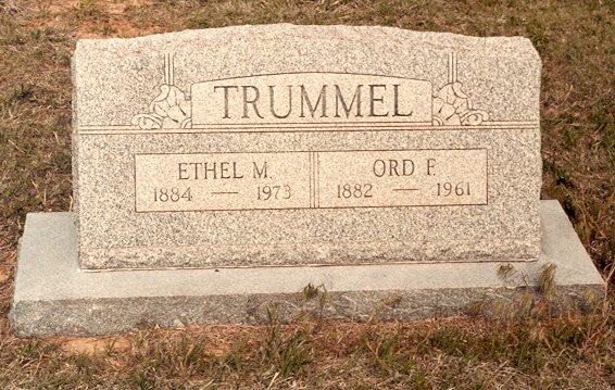 Gravestone of Ethel M. & Ord F. Trummel,

Wilmore Cemetery, Wilmore, Comanche County, Kansas.

Photo by John Edward (Ed) Schrock, 
used with permission of Janet Schrock Hubbard.