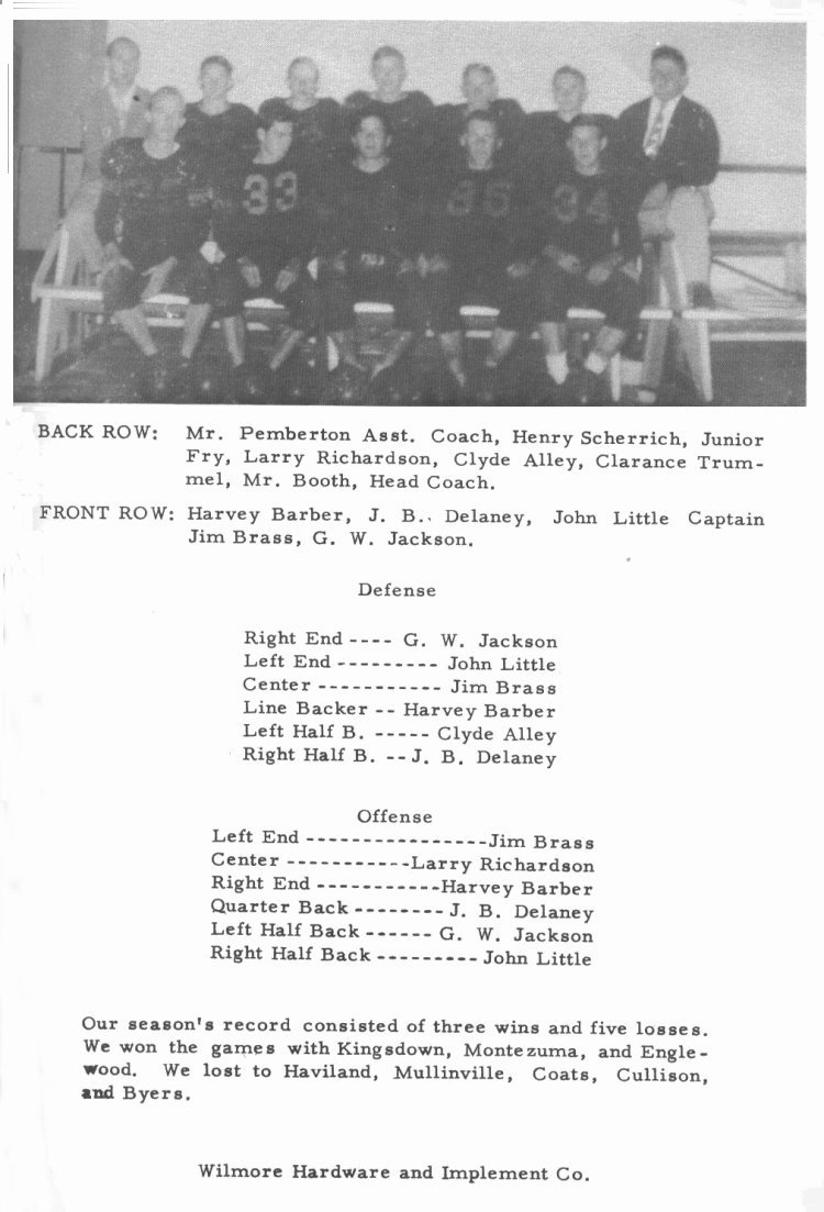 FOOTBALL -- 

BACK ROW:   Mr. Pemberton Asst. Coach, Henry Scherich, Junior Fry, Larry Richardson, Clyde Alley,
Clarence Trummel, Mr. Booth, Head Coach. 

FRONT ROW: Harvey Barber, J. B. Delaney, John Little (Captain), Jim Brass, G. W. Jackson.