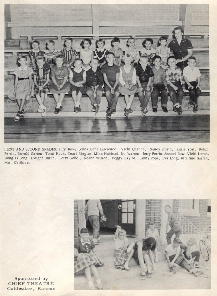 1st and 2nd grades: 
Front Row: Lonna Lawrence; Vickie Chance; Nancy Smith; Karla Yost; Robby Ferrin; Jerrold Garten; Tomi Huck; Zearl Ziegler; Mike Hubbard; Junior Warren; Jerry Ferrin 
Back Row: Vicki Unruh; Douglas Long; Dwight Unruh; Betty Goebel; Roann Wilson; Peggy Taylor; Lanny Pope; Eva Long; Rita Garten; Mrs. Carthrae