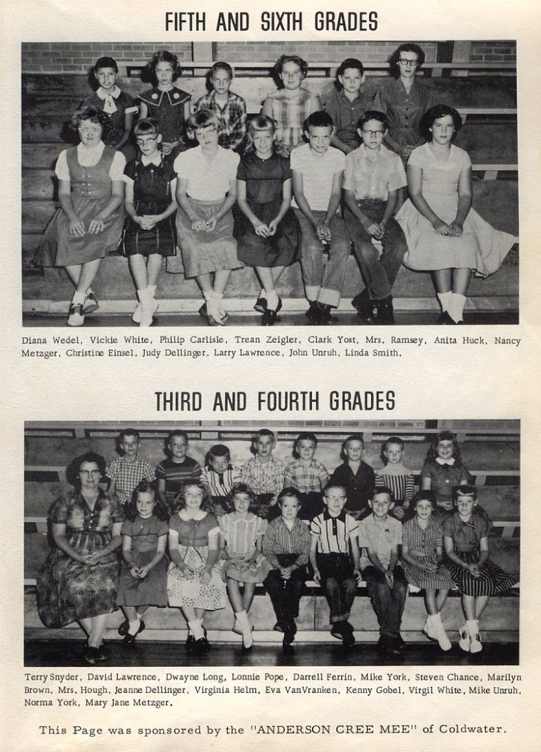 5th and 6th grades: 
Front Row: Anita Huck; Nancy Metzger; Christine Einsel; Judy Dellinger; Larry Lawrence; John Unruh; Linda Smith 
Back Row: Diana Wedel; Vickie White; Philip Carlisle; Trean Ziegler; Clark Yost; Mrs. Ramsey <P>


3rd and 4th grades: 
Back Row: Terry Snyder; David Lawrence; Dwayne Long; Lonnie Pope; Darrell Ferrin; Mike York; Steven Chance; Marilyn Brown 
Front Row: Mrs. Hough; Jeanne Dellinger; Virginia Helm; Eva VanVranken; Kenney Goebel; Virgil White; Mike Unruh; Norma York; Mary Jane Metzger 