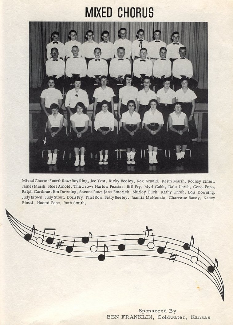 Mixed Chorus: 
Fourth Row: Roy Ring; Joe Yost; Rickey Beeley; Rex Arnold; Keith Marsh; Rodney Einsel; James Marsh; Noel Arnold. 
Third Row: Harlow Peaster; Bill Fry; Myrl Cobb; Dale Unruh; Gene Pope; Ralph Carthrae. Jim Downing. 
Second Row: Jane Emerick; Shirley Huck; Kathy Unruh; Lois Downing; Judy Brown; Judy Stout; Doris Fry. 
First Row: Betty Beeley; Juanita McKenzie; Charvette Raney; Nancy Einsel; Naomi Pope; Ruth Smith.