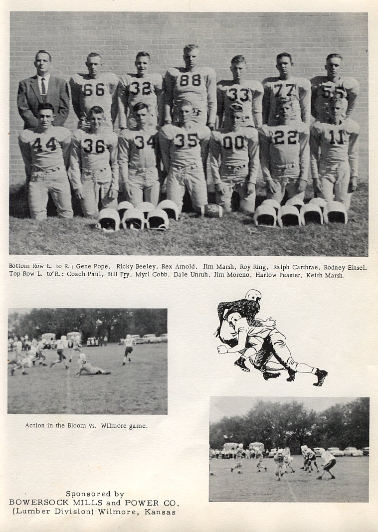 Front Row (Left to Right): 
Gene Pope; Rickey Beeley; Rex Arnold; Jim Marsh; Roy Ring; Ralph Carthrae; Rodney Einsel.
 
Back Row (Left to Right): 
Coach Jess Paul; Bill Fry; Myrl Cobb; Dale Unruh; Jim Moreno; Harlow Peaster; Keith Marsh. <P>

Action in the Bloom vs. Wilmore game.