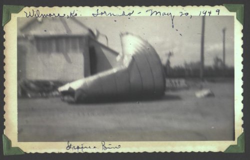 Aftermath of the May 20, 1949, tornado which hit Wilmore, Kansas. Photograph by J.R. & Gloria Cline, from the collection of Rhonda Nickel.