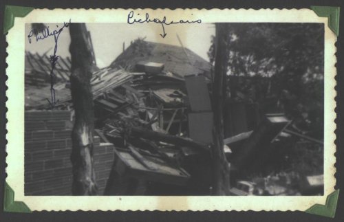 Aftermath of the May 20, 1949, tornado which hit Wilmore, Kansas. Photograph by J.R. & Gloria Cline, from the collection of Rhonda Nickel.