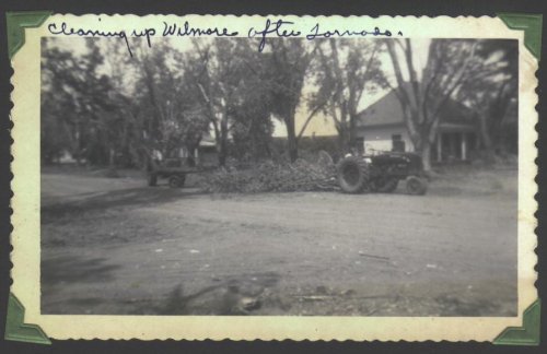 Aftermath of the May 20, 1949, tornado which hit Wilmore, Kansas. Photograph by J.R. & Gloria Cline, from the collection of Rhonda Nickel.