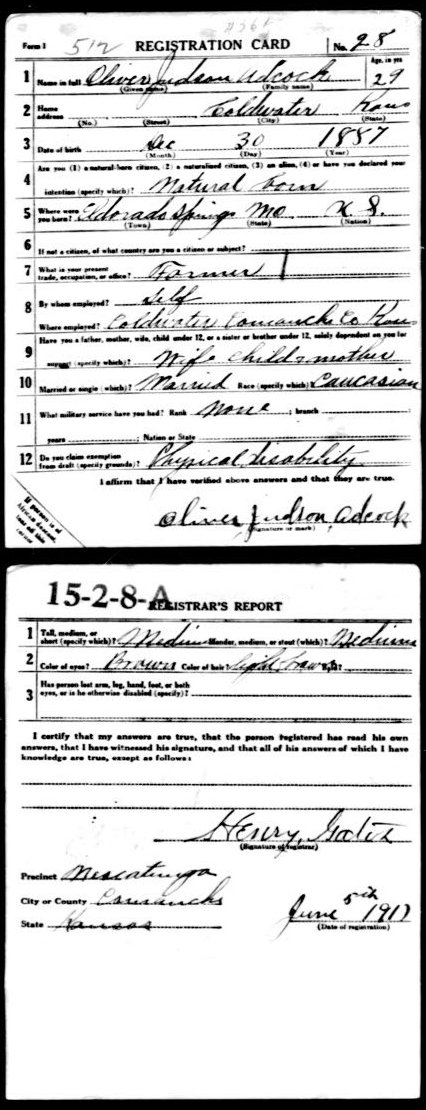 WWI Draft Registration card for Oliver Judson Adcock  of Coldwater , Comanche County, Kansas.