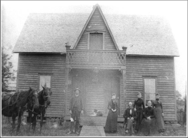 The David W. Allender Family of Benton Township, Benton County, Missouri, about 1889. From left: Harry Allender, Laura Allender (later Roderick), David W. Allender, Lilly Allender (later Moreton), Margaret J. Allender and Mamie Allender (later Smith). Anna Aurelia Allender is not pictured in the photo, which was copied from one in the collection of her daughter, Nellie May (Barnett) Ferrin.