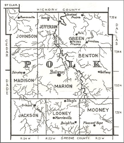 Map of Polk County, Missouri, published 1989 by the Ozarks Genealogical Society, P.0. Box 3494, Springfield, MO 65808.