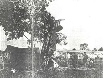 The wreckage of 'The Answer', a Cabinair biplane flown by John W. 'Jack' Ashcraft with Viola Gentry as a passenger in an endurance attempt.

News clipping courtesy of Jack Ashcraft's great niece, Cindy Weigand.