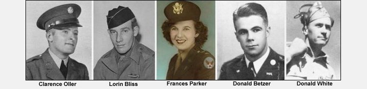 From left:
Staff Sgt.  Clarence Oller,
Pfc. Lorin Bliss, 
1st Lt. Frances Parker,
1st Sgt. Donald Betzer,
1st Lt. Donald White.

CLICK HERE for more photographs of WWII veterans from Comanche County, Kansas.