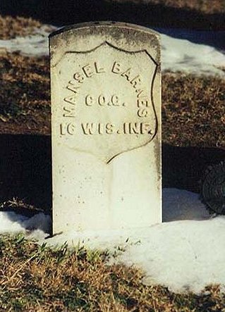 Gravestone of Mansel Barnes, Civil War Veteran, Crown Hill Cemetery near Coldwater, Comanche County, Kansas.  Photograph by Bobbi (Hackney) Huck.