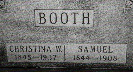 The gravestone of Samuel and Christina (Baird) Booth, Fairlawn Cemetery, Greensburg, Kiowa County, Kansas.