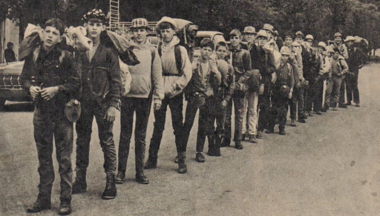 The Scouts and their counselors in this picture are, from left to right: Neil Timmer, patrol leader; Pat Blackard, assistant patrol leader; Jack Pavlik, assistant patrol leader; Roy Hoffman, Jay White, Arthur Obrock, Ed Obrock, Russell Cline, Scott Moore, Terry Emerson, Senior Patrol leader; Frank Emerson, Mark Young, patrol leader; Bob Blackard, assistant patrol leader; Dennis Hill, John Blundell, Duane Parcel, advisor; John Zielke, Bobby Yadon, Harold Emerson, Patrol Dad; John Lehman, Scoutmaster.

Photo courtesy of Rhonda (Cline) Nickel.