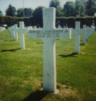 Gravestone of Private Edward J. Burghardt, Jr.,  No. 2200983, Co. E. 353rd Infantry, A.E.F.,  of Protection, Kansas, was killed in action on the Verdun Sector in France on November 1st, 1918.