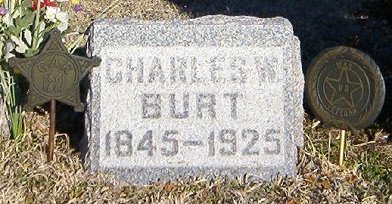 Gravestone of Captain Charles Warren Burt, Crown Hill Cemetery near Coldwater, Comanche County, Kansas.  Photograph by Bobbi (Hackney) Huck.