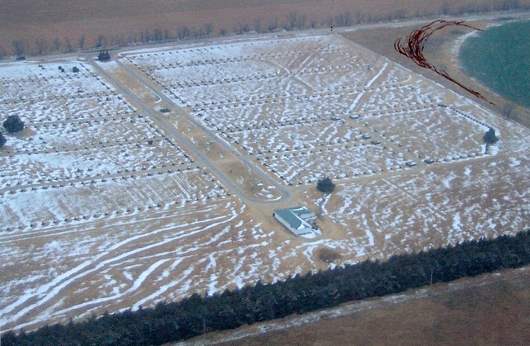 Crown Hill Cemetery near Coldwater, Comanche County, Kansas. Aerial photograph of the cemetery with a dusting of snow in late 2007. 

Note the ruts of the old road from Wilmore to Coldwater which run through the cemetery. The ink markings at upper right in the photo indicate a turn in the old Coldwater horse race track.

Photo by Richard L. 'Rick' Beeley.