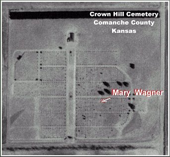 Location of Mary (Horner) Wagner's grave in Crown Hill Cemetery, near Coldwater, Comanche County, Kansas.