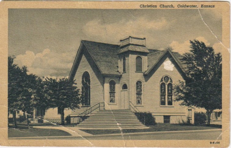 Christian Church, Coldwater, Kansas.

Image from a postcard, undated.

Photo courtesy of Rhonda (Cline) Nickel