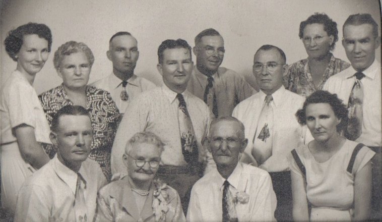 J.M. and Minerva Cline family photo on their 50th wedding anniversary, June 25, 1950.
 
Back:  Jessie, Leta, Allen, Raymond, Kenneth, Heuston, Frances, Junior (J.R.).
 
Front:  LeeRoy, Mrs. Cline, Mr. Cline, Edith.

Photo courtesy of Rhonda (Cline) Nickel.