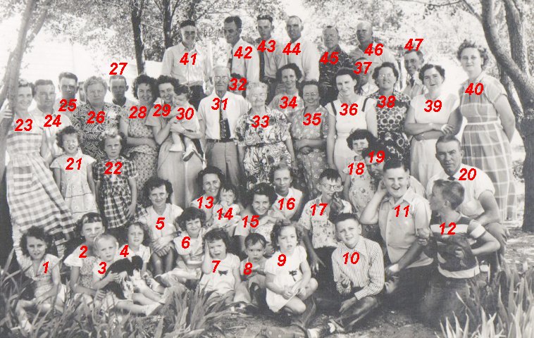 James Marion Cline and Minerva Frances (Metzker) Cline with their family on their 50th wedding anniversary, June 25, 1950.

1 - Donna Cline, 2 - Becky Cline (?), 5 - Martha (Ridge) Cline, 11 - Danny Burkhall (?), 13 - Marguerite (Thompson) Hughes (?), 16 - Avis Ann Martin (?), 17 - Jerry Cline, 20 - J.R. Cline,  21 - Myrna Kay Cline, 22 - Beth Cline,  23 - Waneta (Tucker) Cline,  24 - Raymond Cline, 26 - Leta (Cline) Thompson, 31 - J.M. 'Jim' Cline, 33 - Minerva (Metzker) Cline,  36 - Edith (Cline) Martin (?),  38 - Frances (Cline) Burkhall (?),  39 - Bonnie Burkhall,  40 - Gloria (Wilson) Cline, 44 - Allen Cline (?), 45 - Hueston Cline (?), 46 - Roy Burkhall. 

Photo courtesy of Rhonda (Cline) Nickel